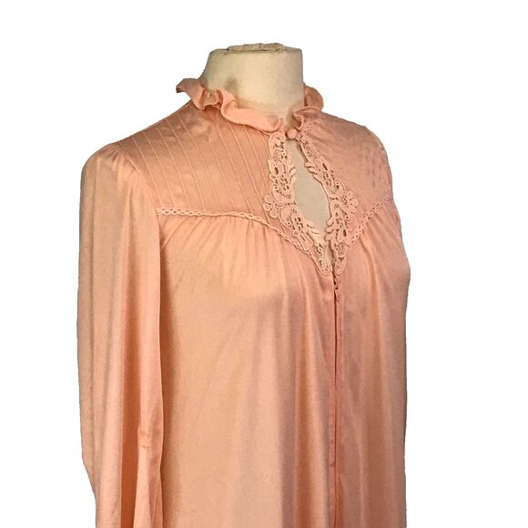 Womens Vintage Peach Midi Zip Front Robe, Keyhole Lace Ruffle Neck,‎ 38 Bust - Picture 4 of 7